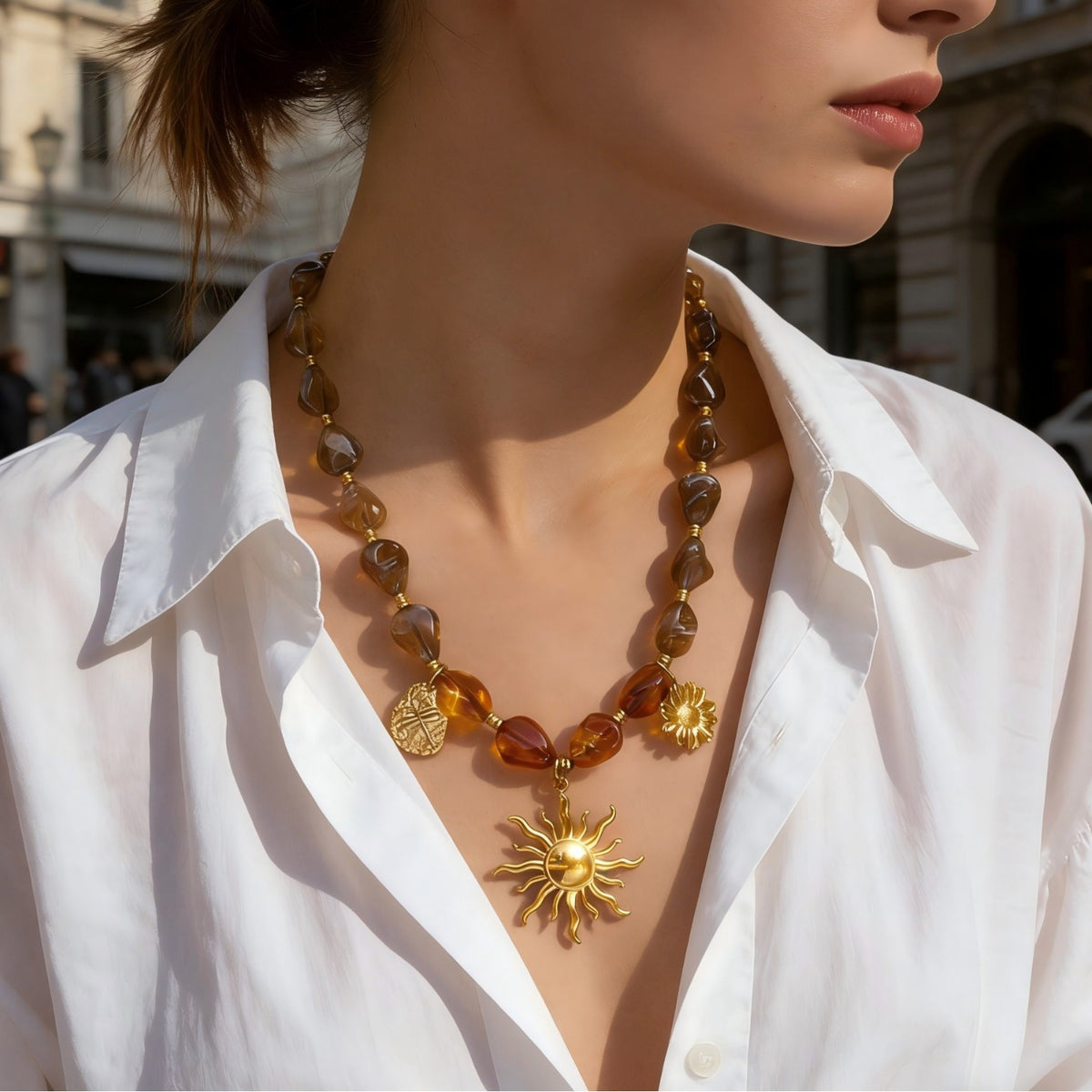Boho Amber Resin Sun Necklace