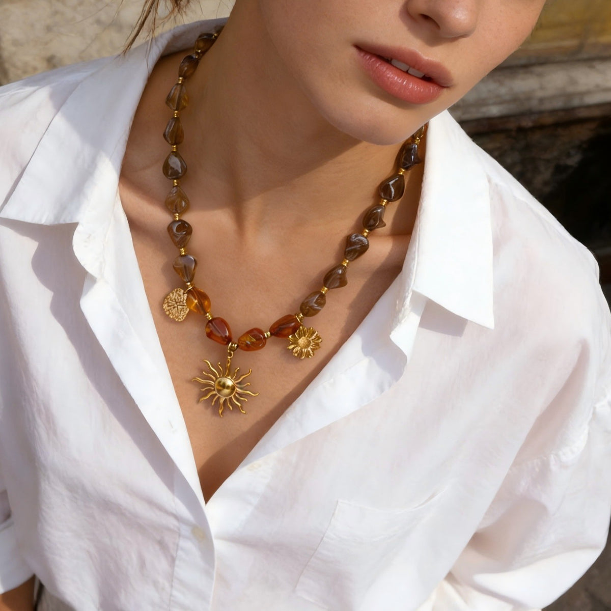 Boho Amber Resin Sun Necklace