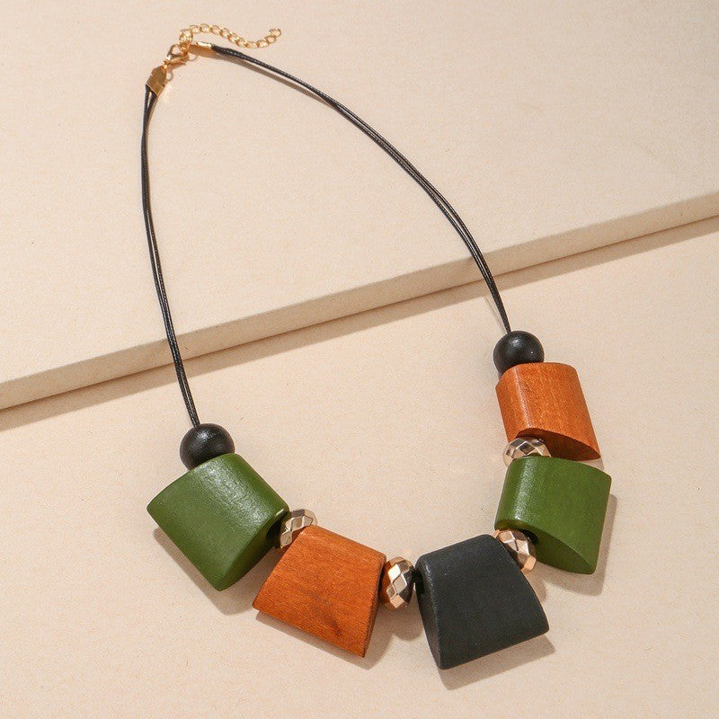Boho Geometric Wood Block Necklace