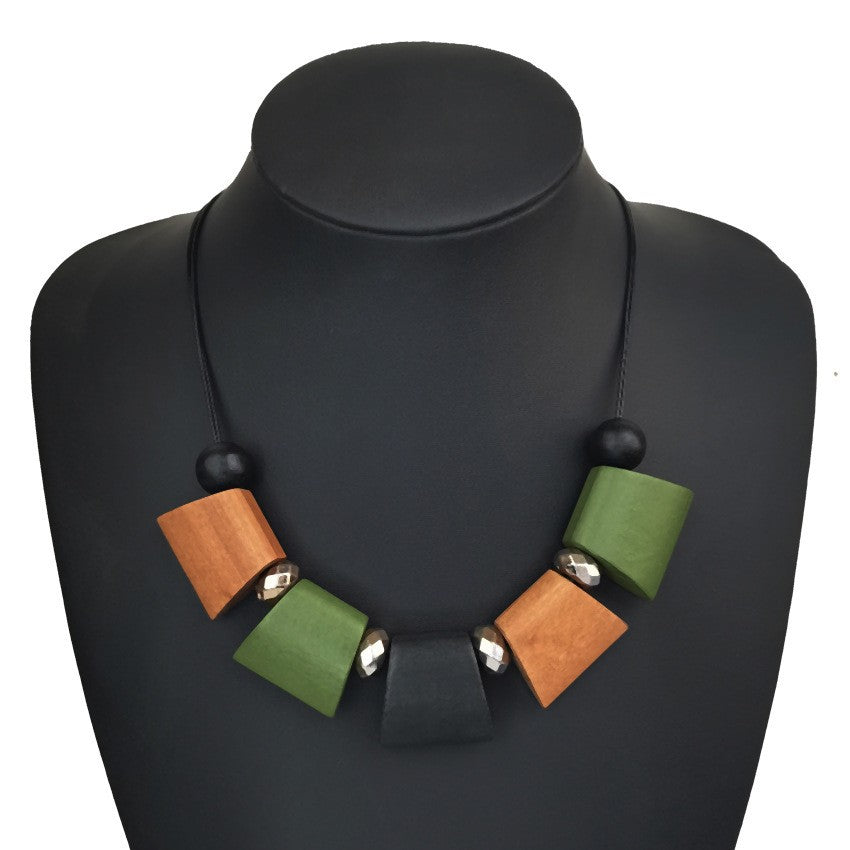 Boho Geometric Wood Block Necklace