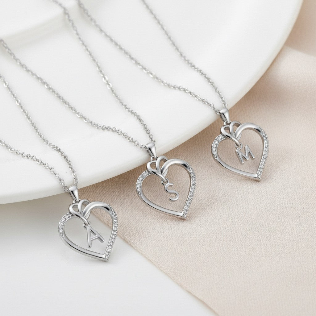 Romantic Crystal Heart Initial Necklace
