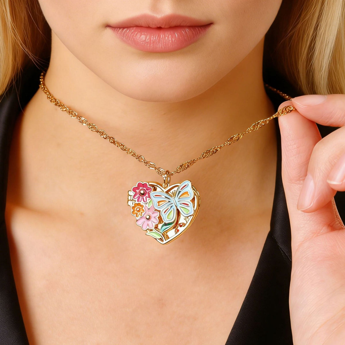 Romantic Enamel Butterfly Heart Locket Necklace