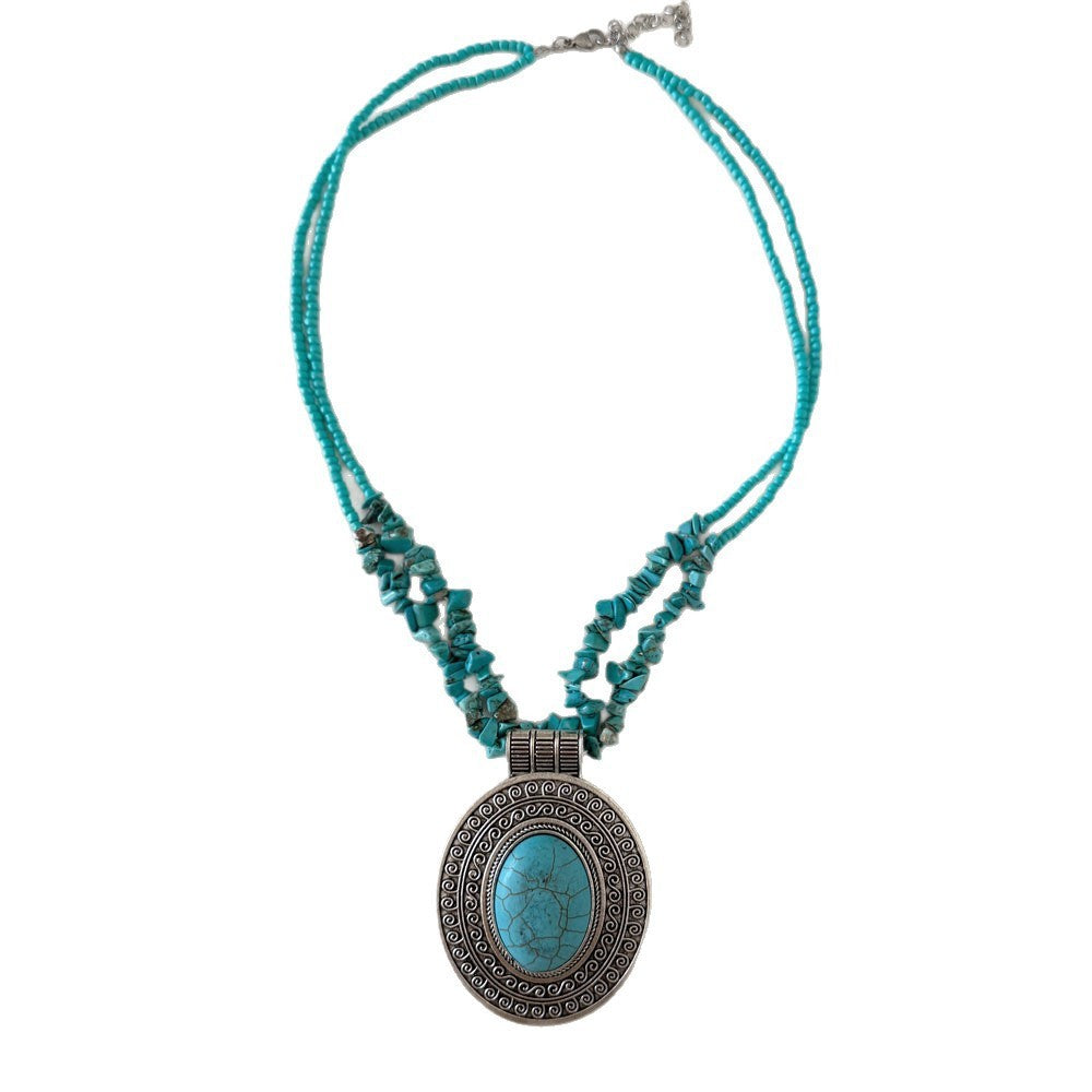 Boho Vintage Turquoise Oval Pendant Necklace