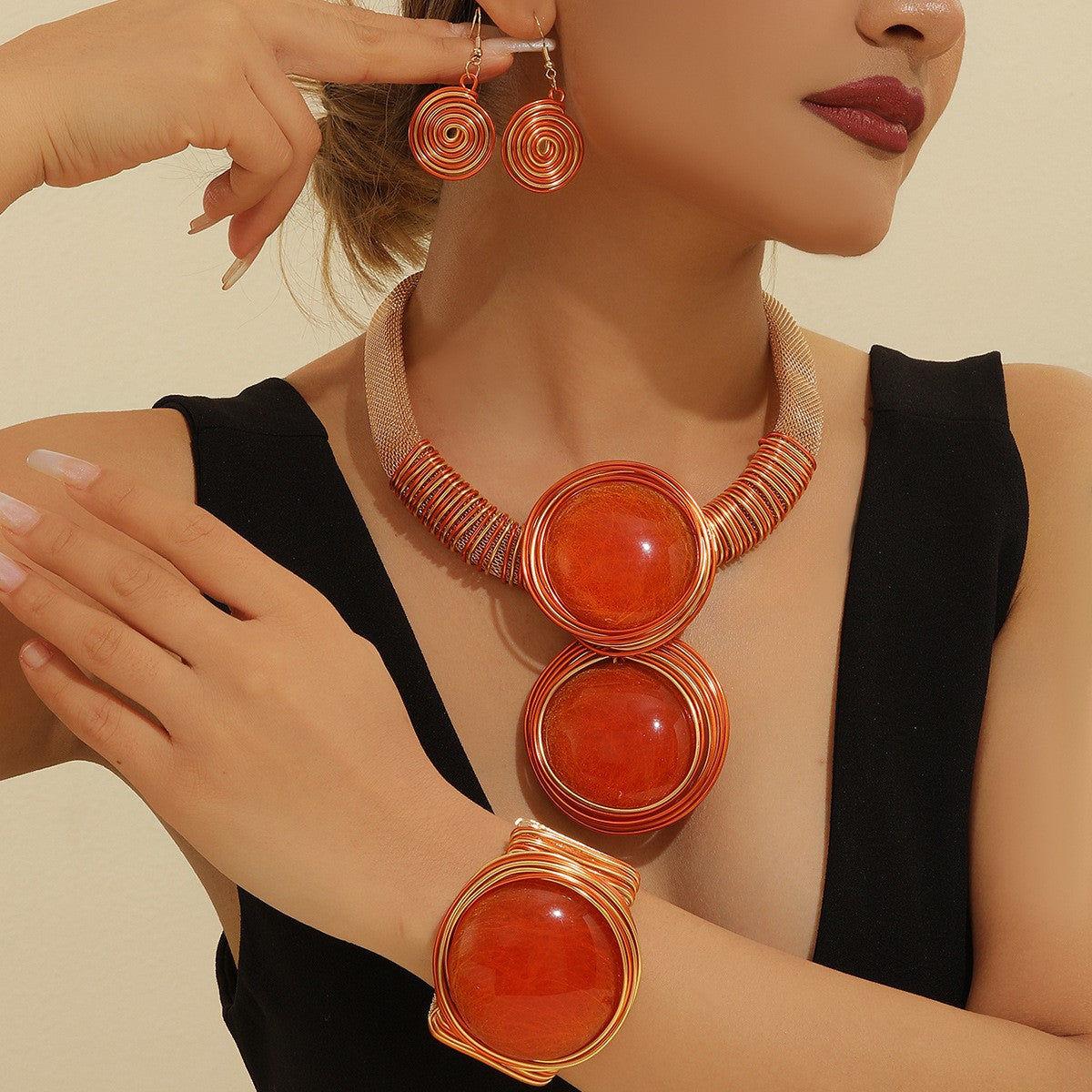 Boho Red Enamel Disc Necklace, Bracelet & Earring Set