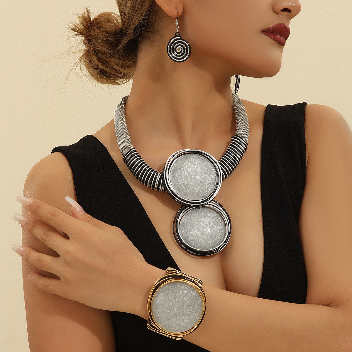 Boho Red Enamel Disc Necklace, Bracelet & Earring Set