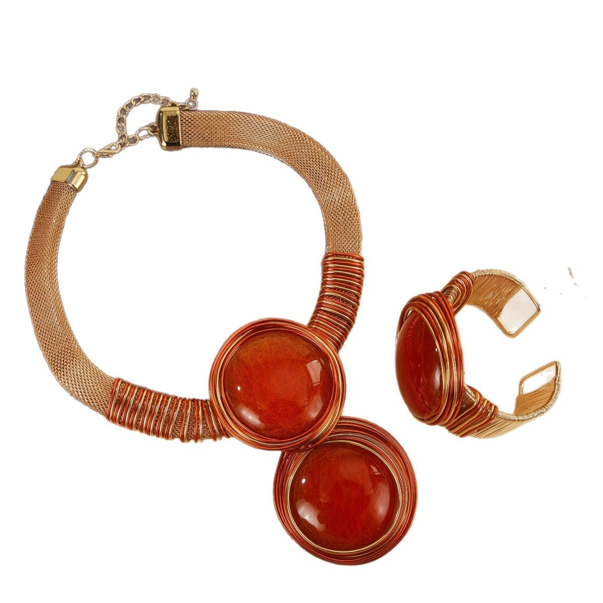 Boho Red Enamel Disc Necklace, Bracelet & Earring Set
