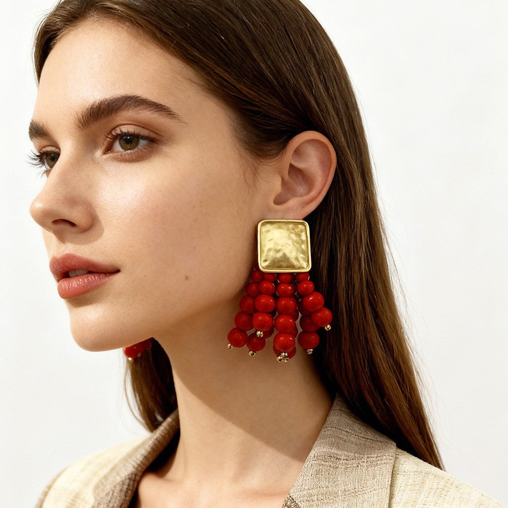 Boho Red Bead Square Dangle Earrings