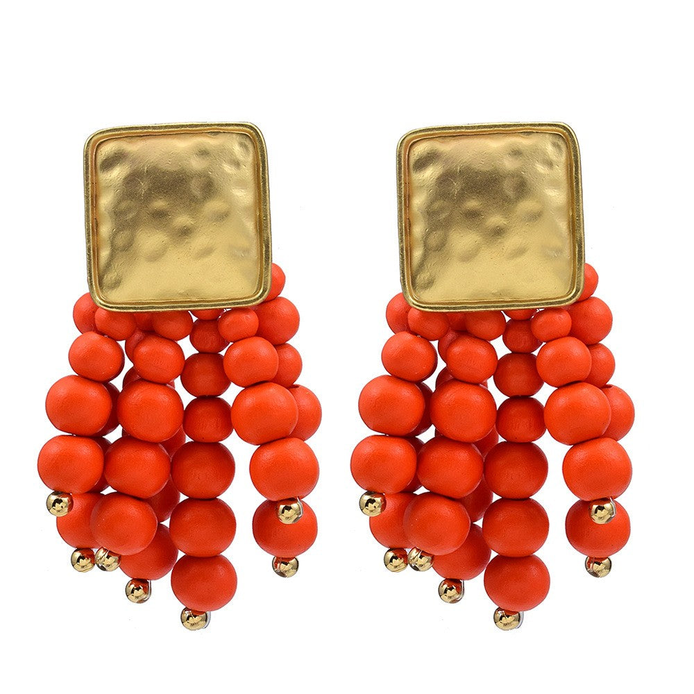 Boho Red Bead Square Dangle Earrings