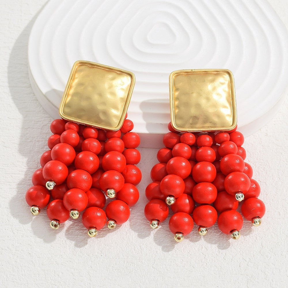 Boho Red Bead Square Dangle Earrings