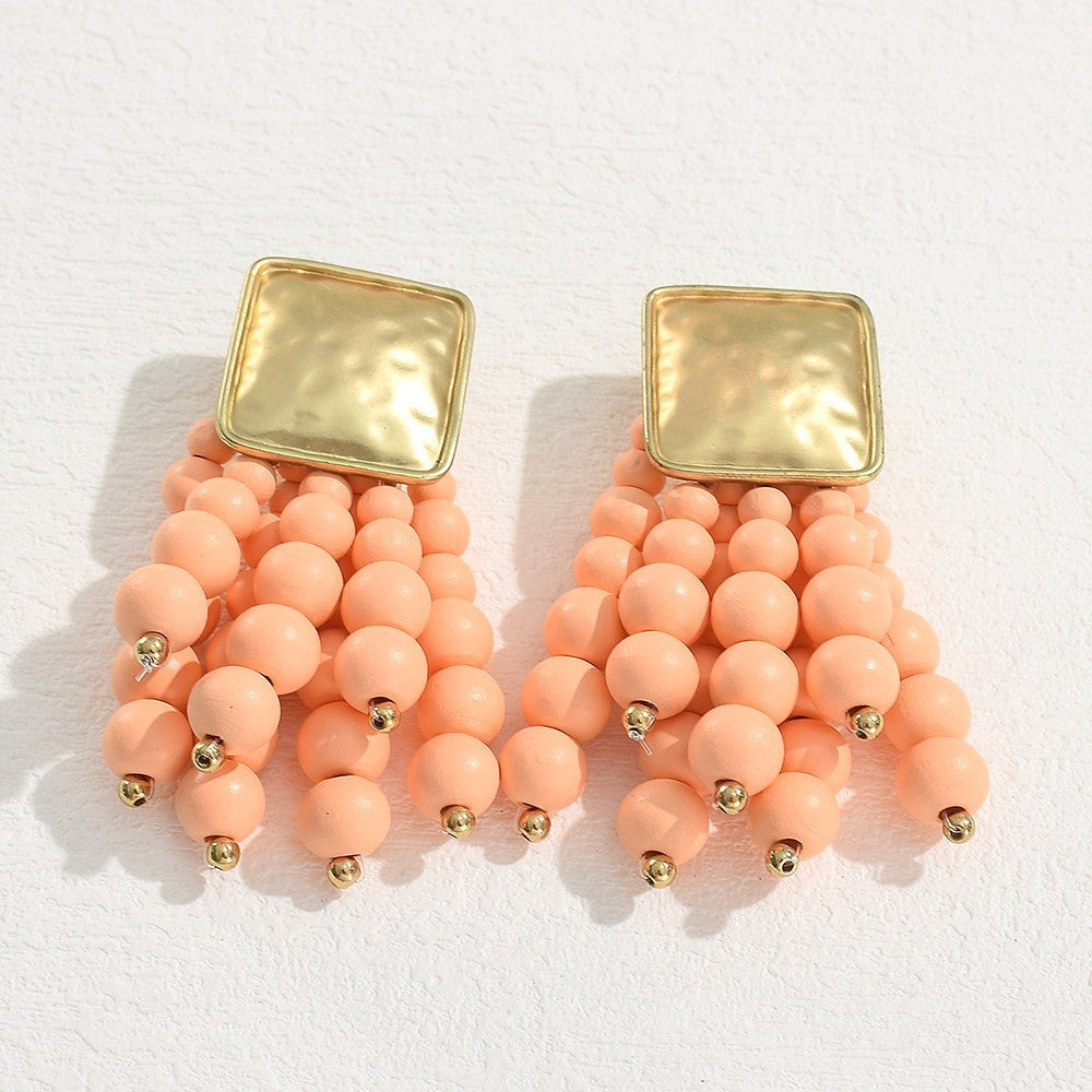 Boho Red Bead Square Dangle Earrings