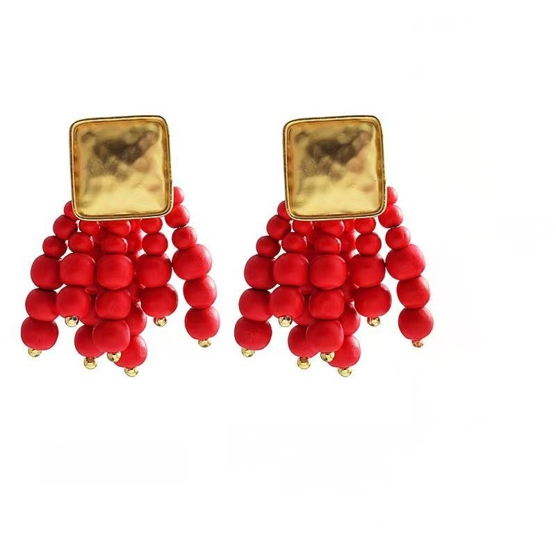 Boho Red Bead Square Dangle Earrings