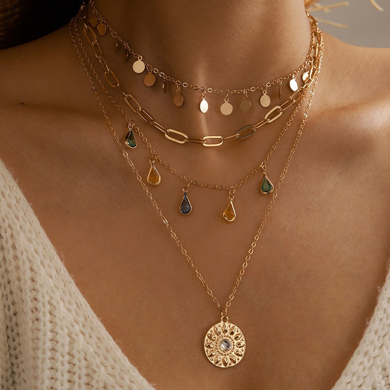 Boho Layered Teardrop & Medallion Necklace