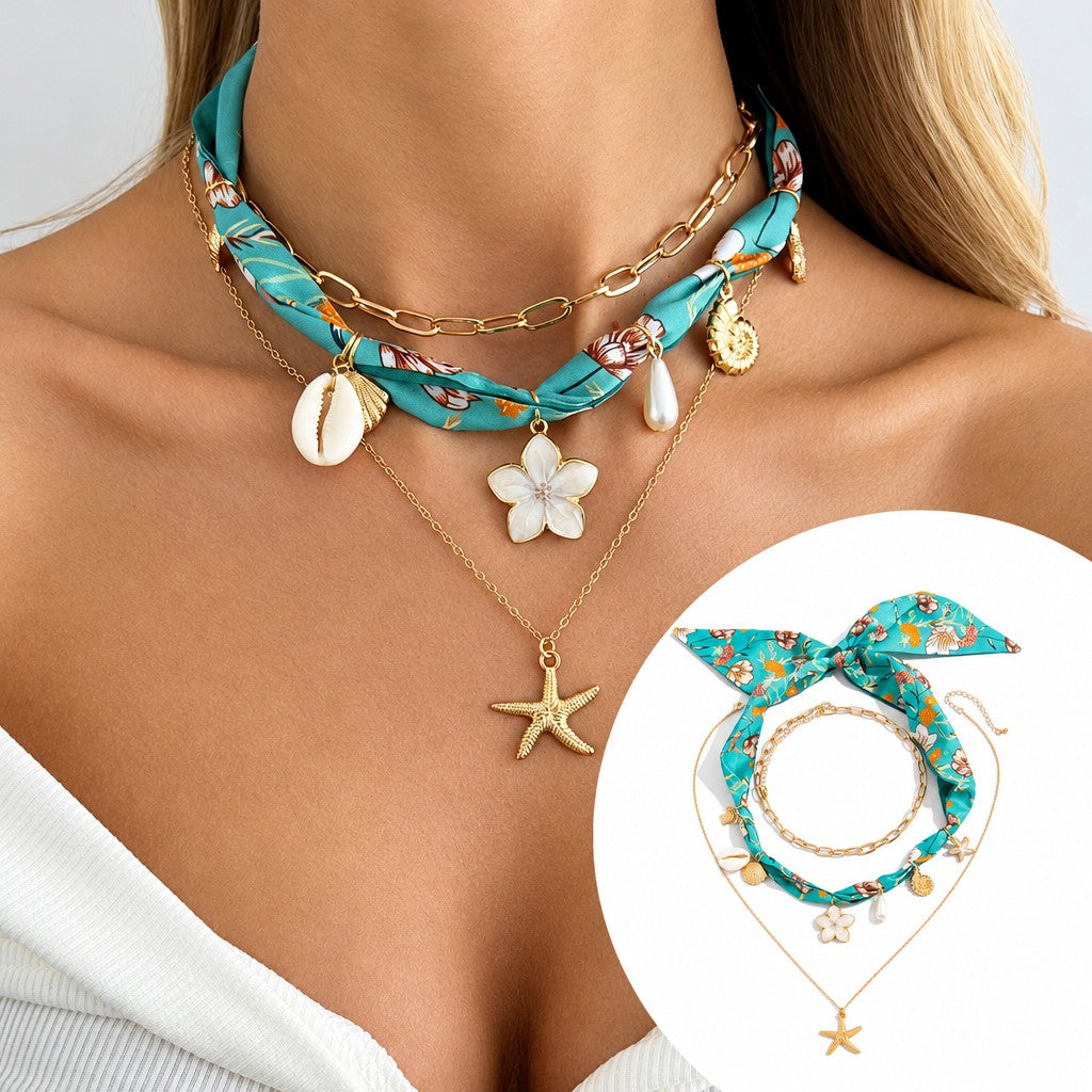 Boho Blue Scarf Starfish Layered Necklace