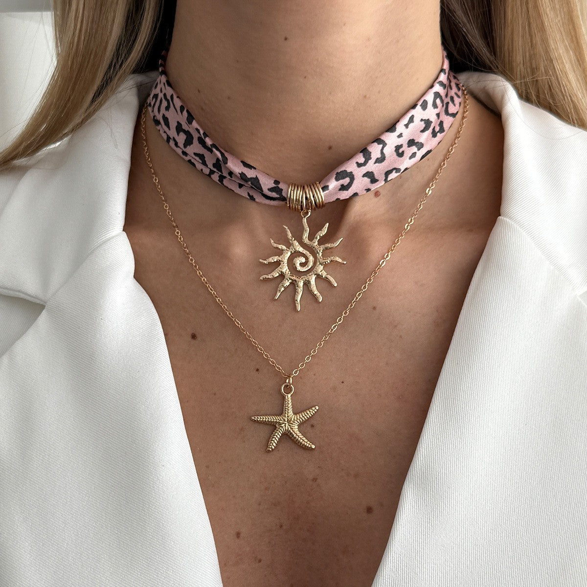 Boho Blue Scarf Starfish Layered Necklace