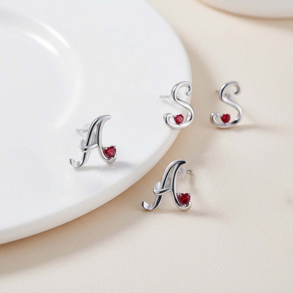 Classy Red Heart Initial Stud Earrings