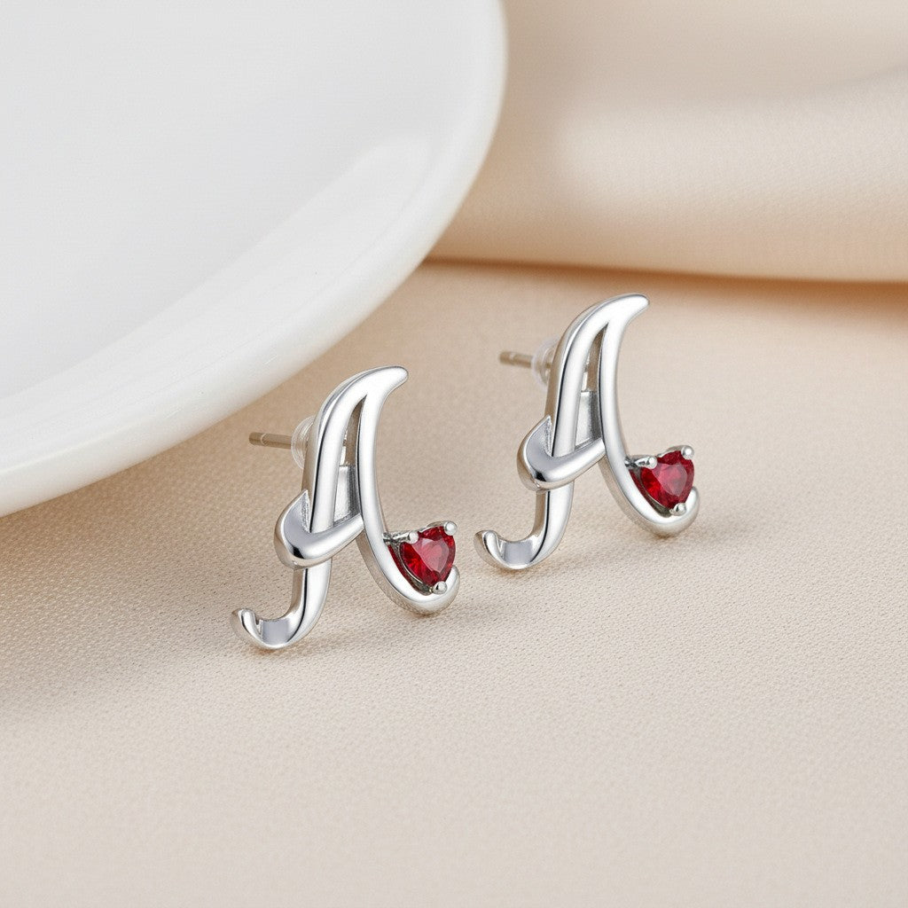 Classy Red Heart Initial Stud Earrings