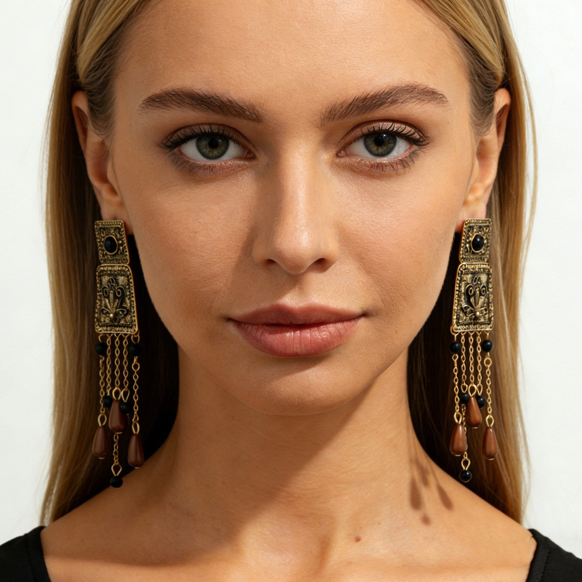 Vintage Carved Rectangle Tassel Earrings