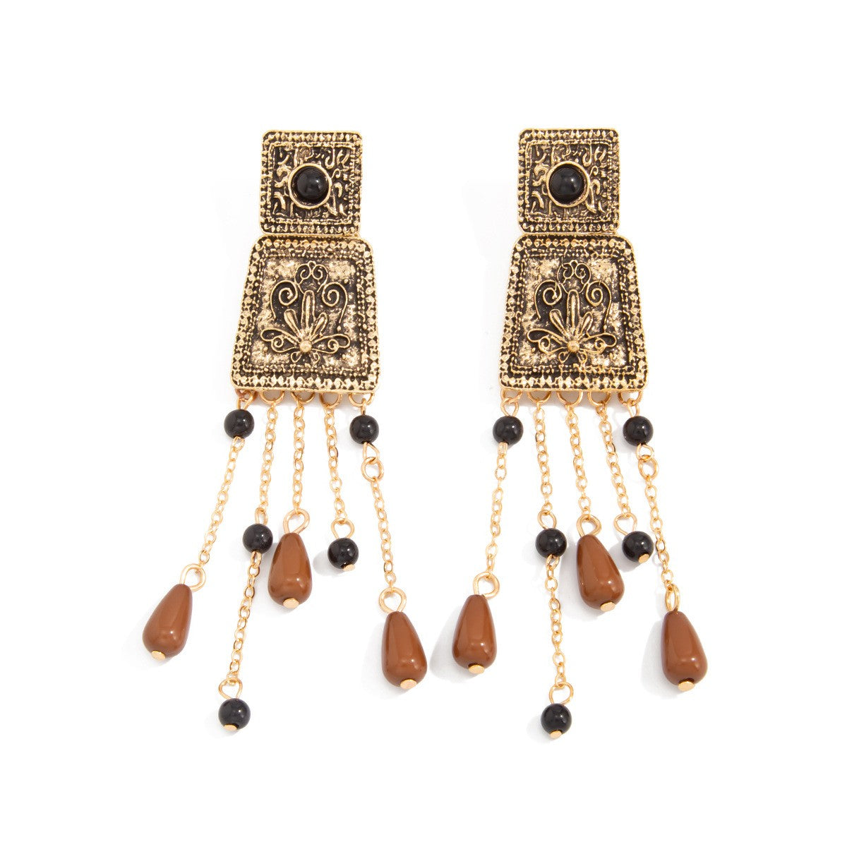 Vintage Carved Rectangle Tassel Earrings