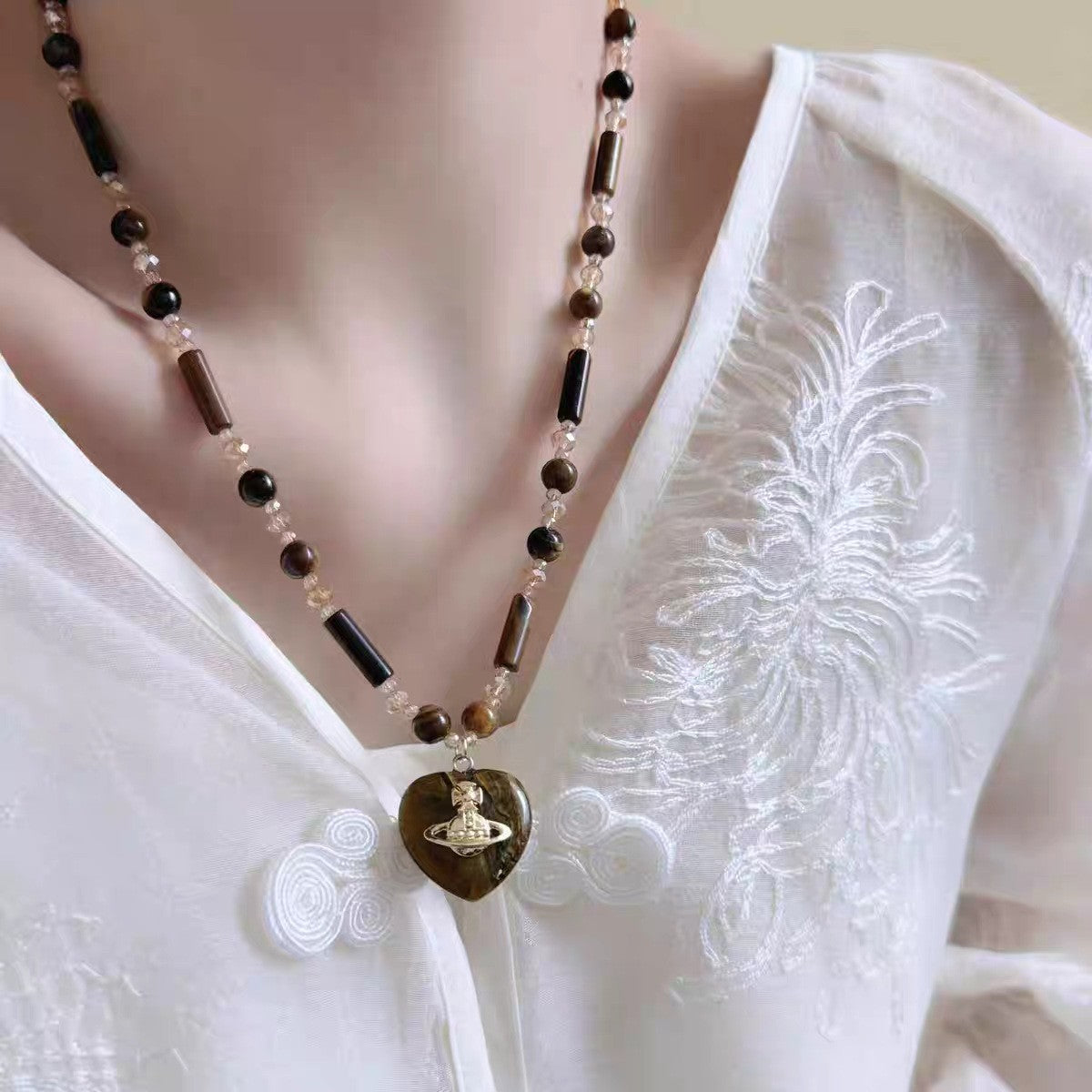 Boho Tiger Eye Saturn Heart Necklace