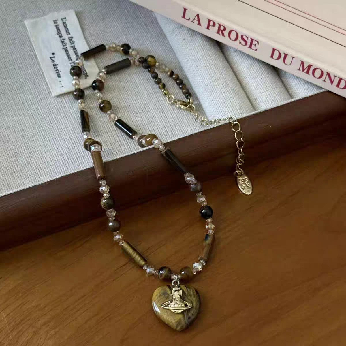 Boho Tiger Eye Saturn Heart Necklace