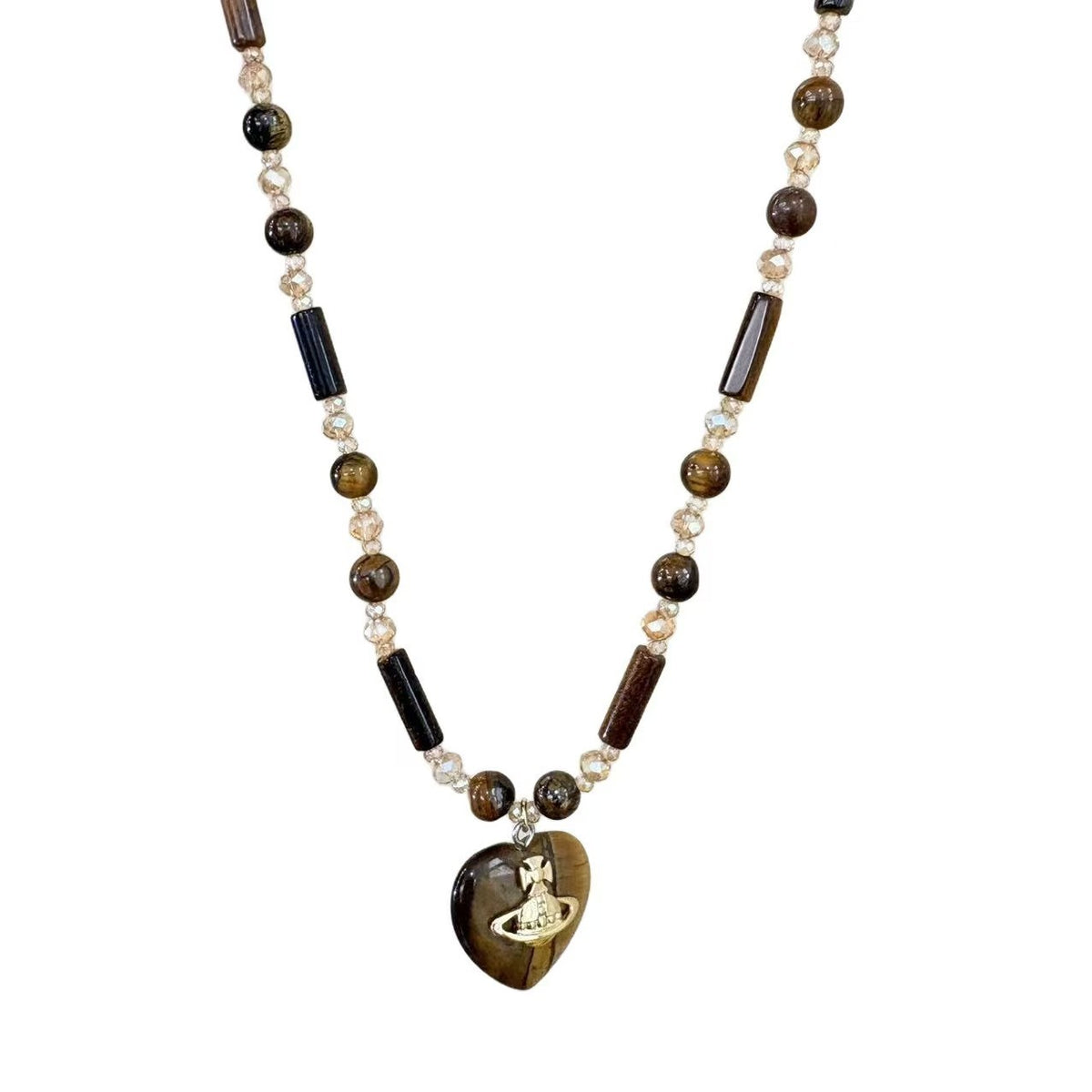 Boho Tiger Eye Saturn Heart Necklace