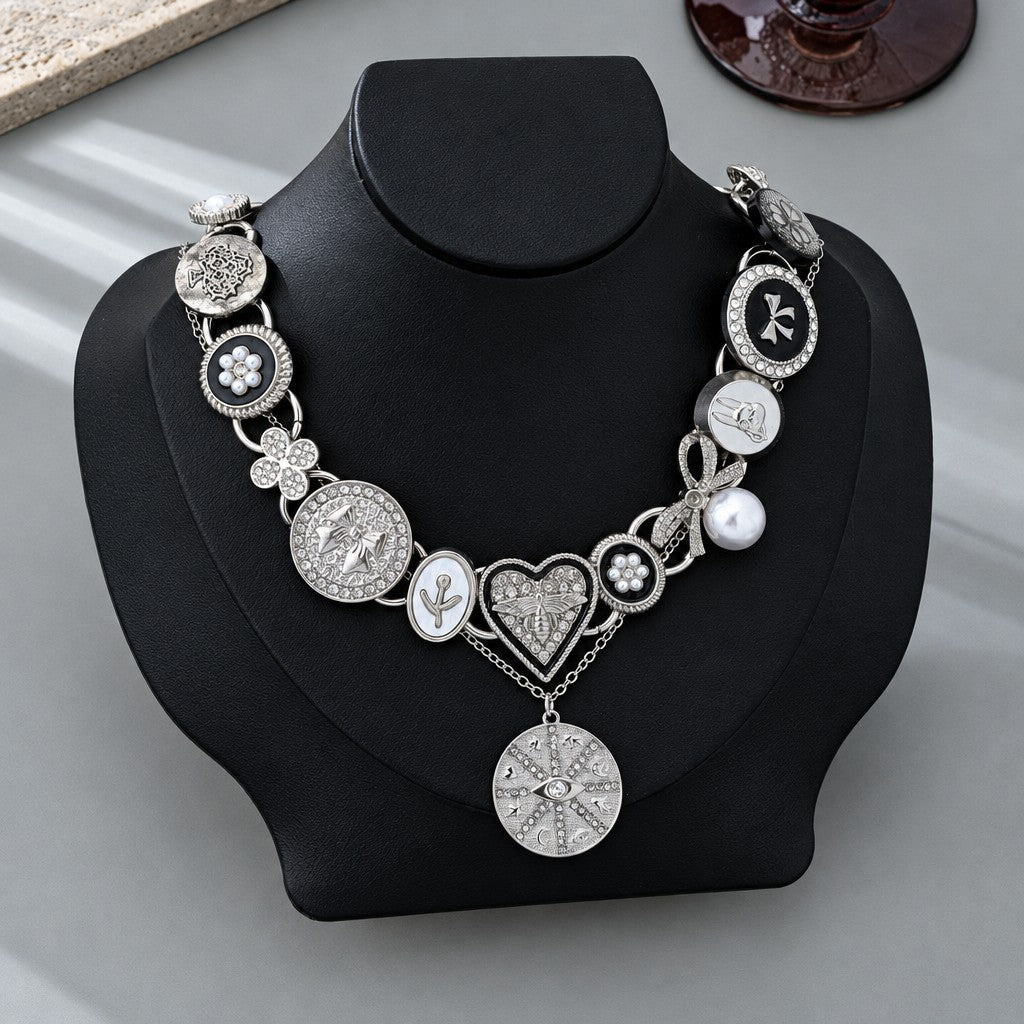 Gothic Heart Bee & Coin Layered Necklace