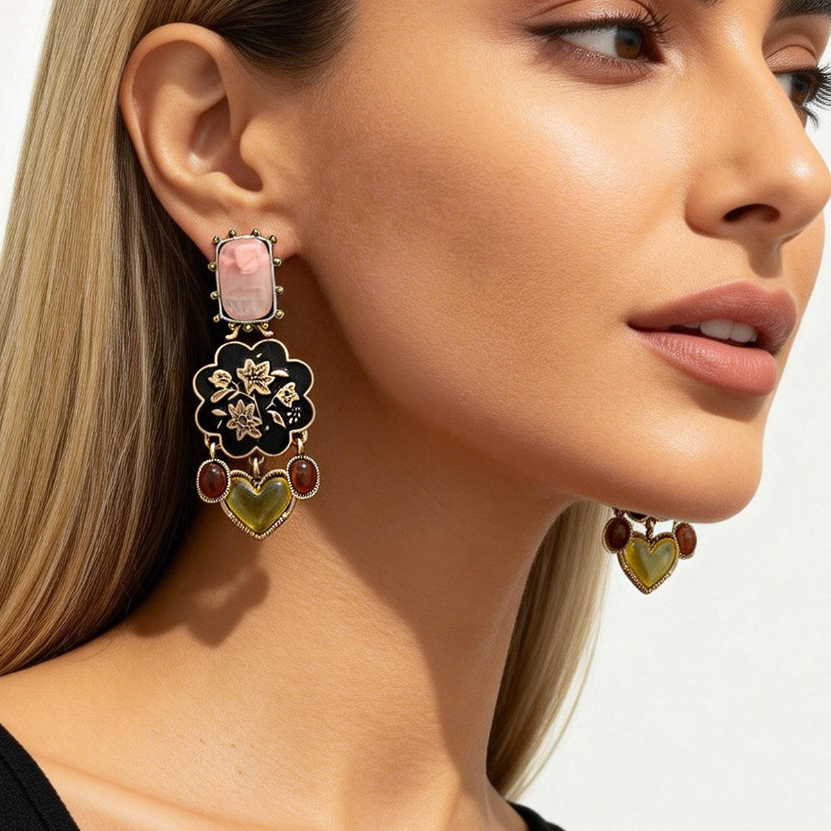 Boho Vintage Floral Heart Drop Earrings