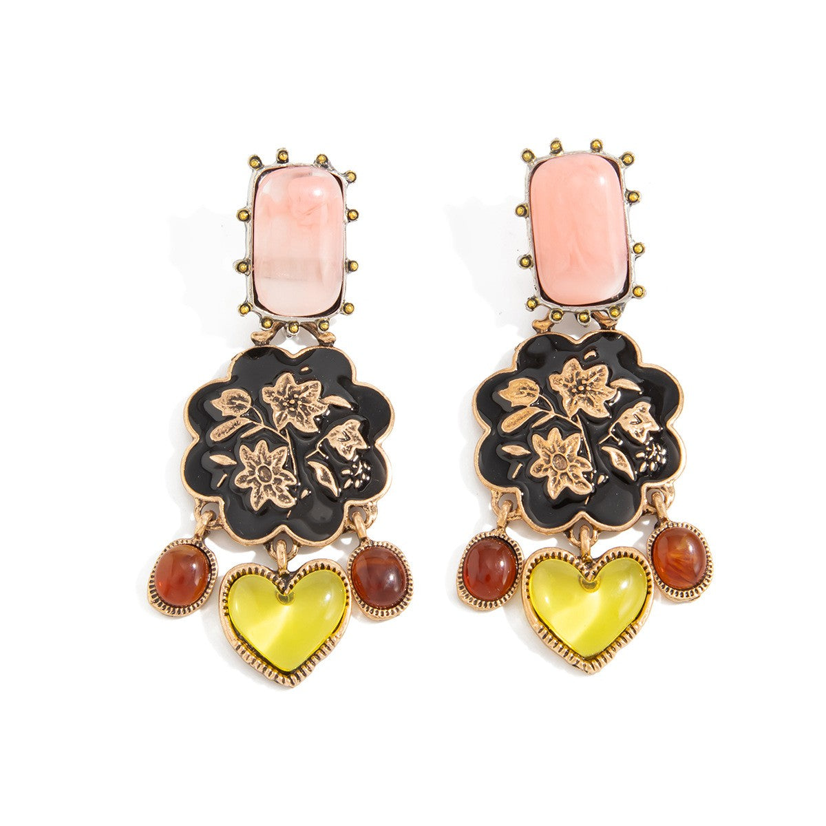 Boho Vintage Floral Heart Drop Earrings