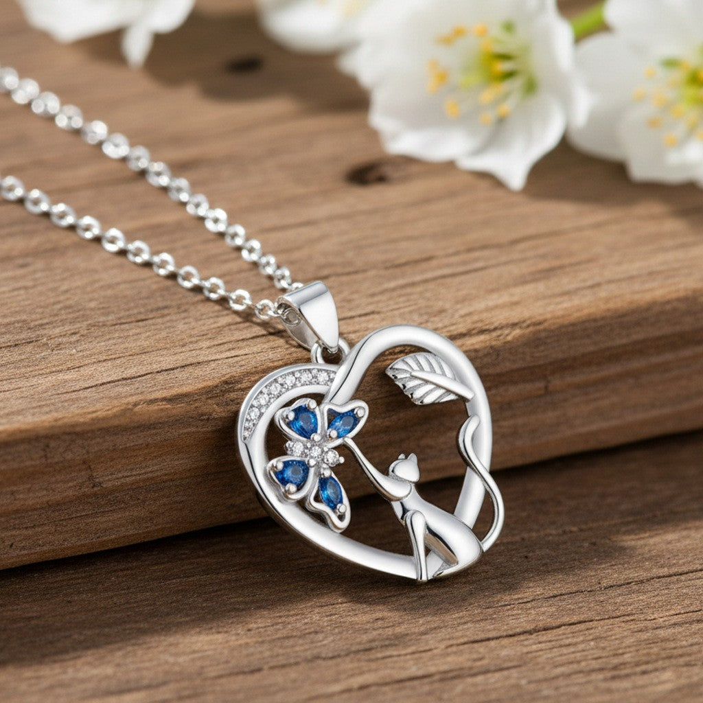 Romantic Cat Heart Butterfly Necklace