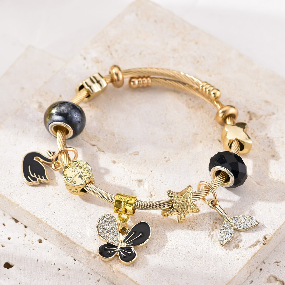 Classy Black Butterfly & Swan Charm Bangle