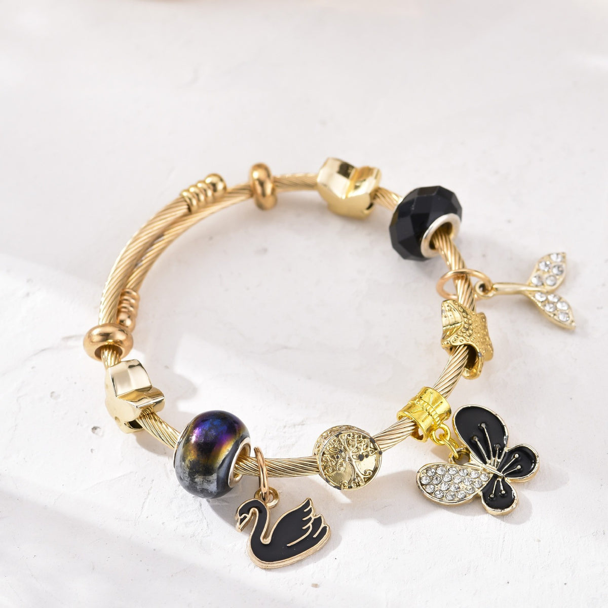 Classy Black Butterfly & Swan Charm Bangle