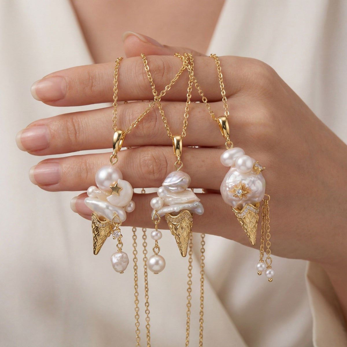 Dainty Pink Pearl Ice Cream Cone Necklace