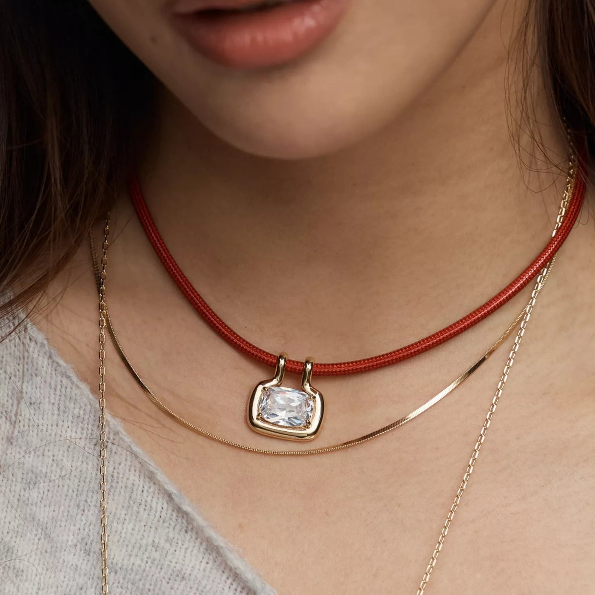 Boho Layered Square Crystal Cord Necklace