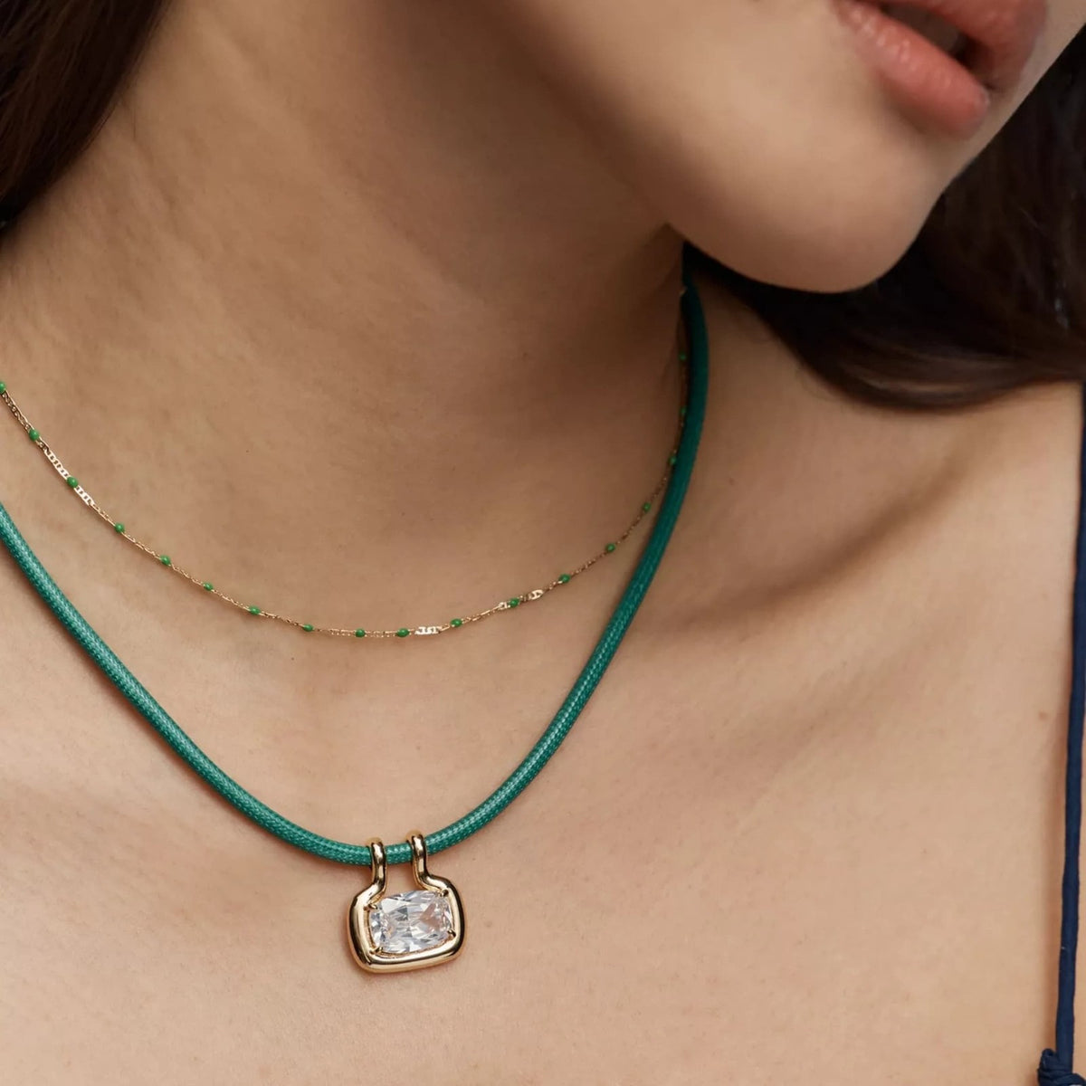 Boho Layered Square Crystal Cord Necklace