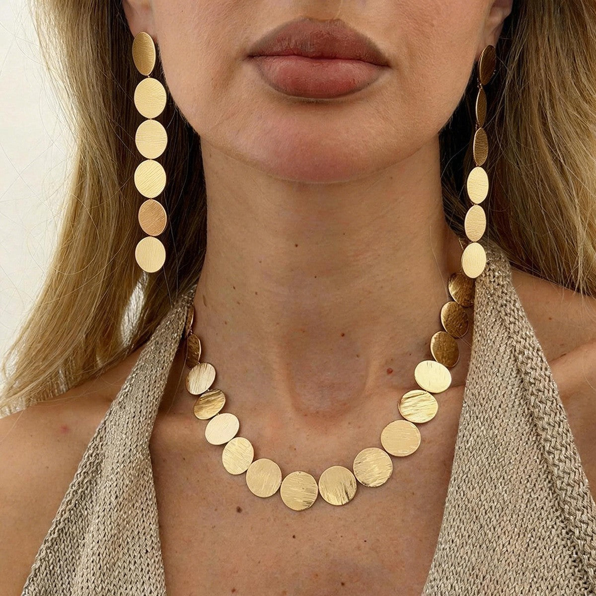 Classy Brushed Disc Necklace & Earring Set