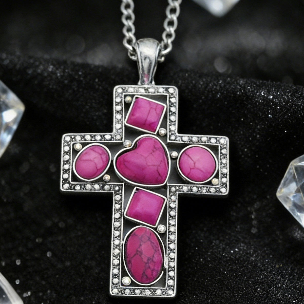 Boho Fuchsia Stone Cross Necklace