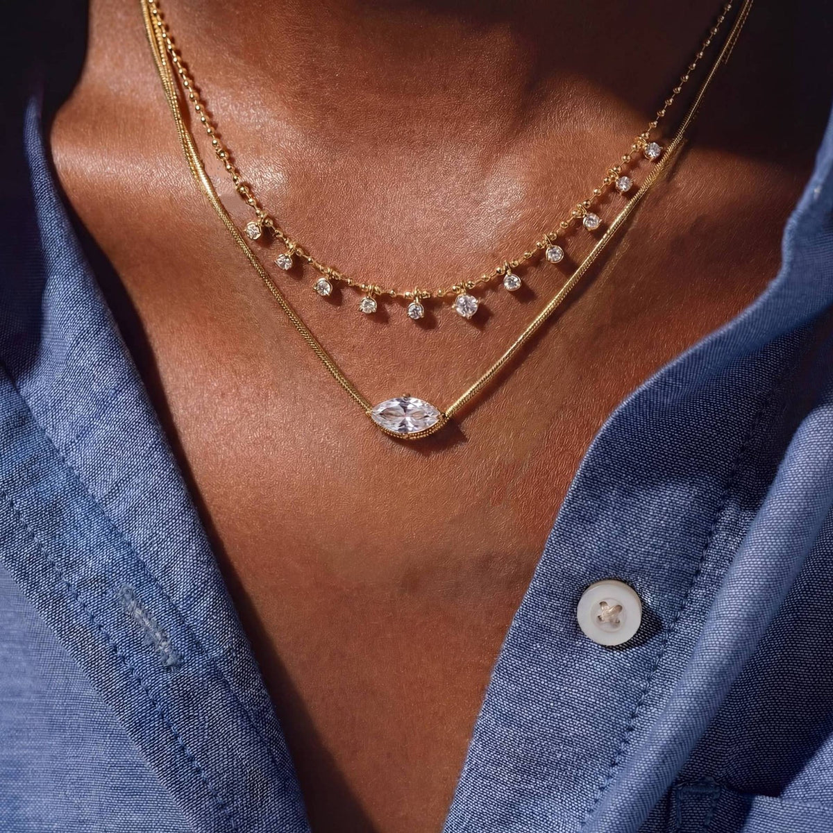 Dainty Marquise & Drop CZ Layered Necklace