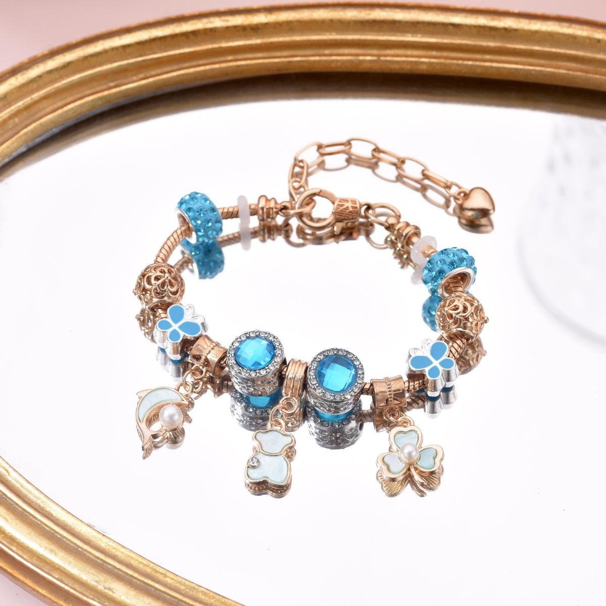 Dainty Blue Bear Clover Charm Bracelet