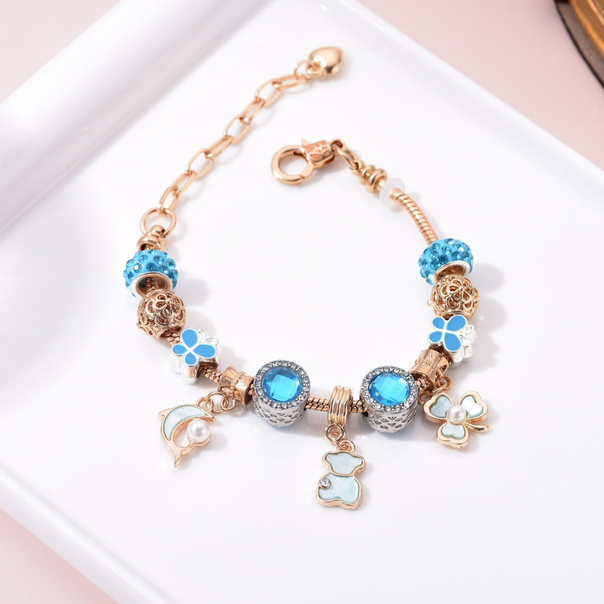 Dainty Blue Bear Clover Charm Bracelet