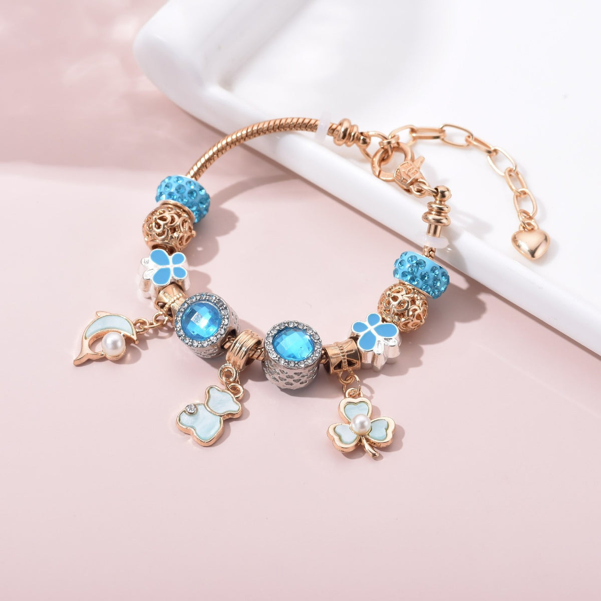 Dainty Blue Bear Clover Charm Bracelet