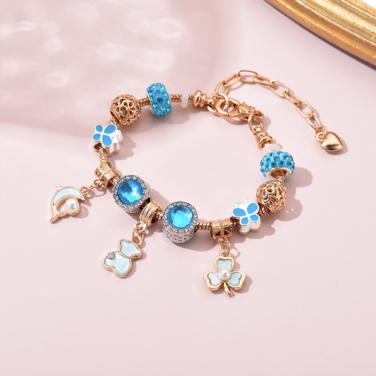 Dainty Blue Bear Clover Charm Bracelet