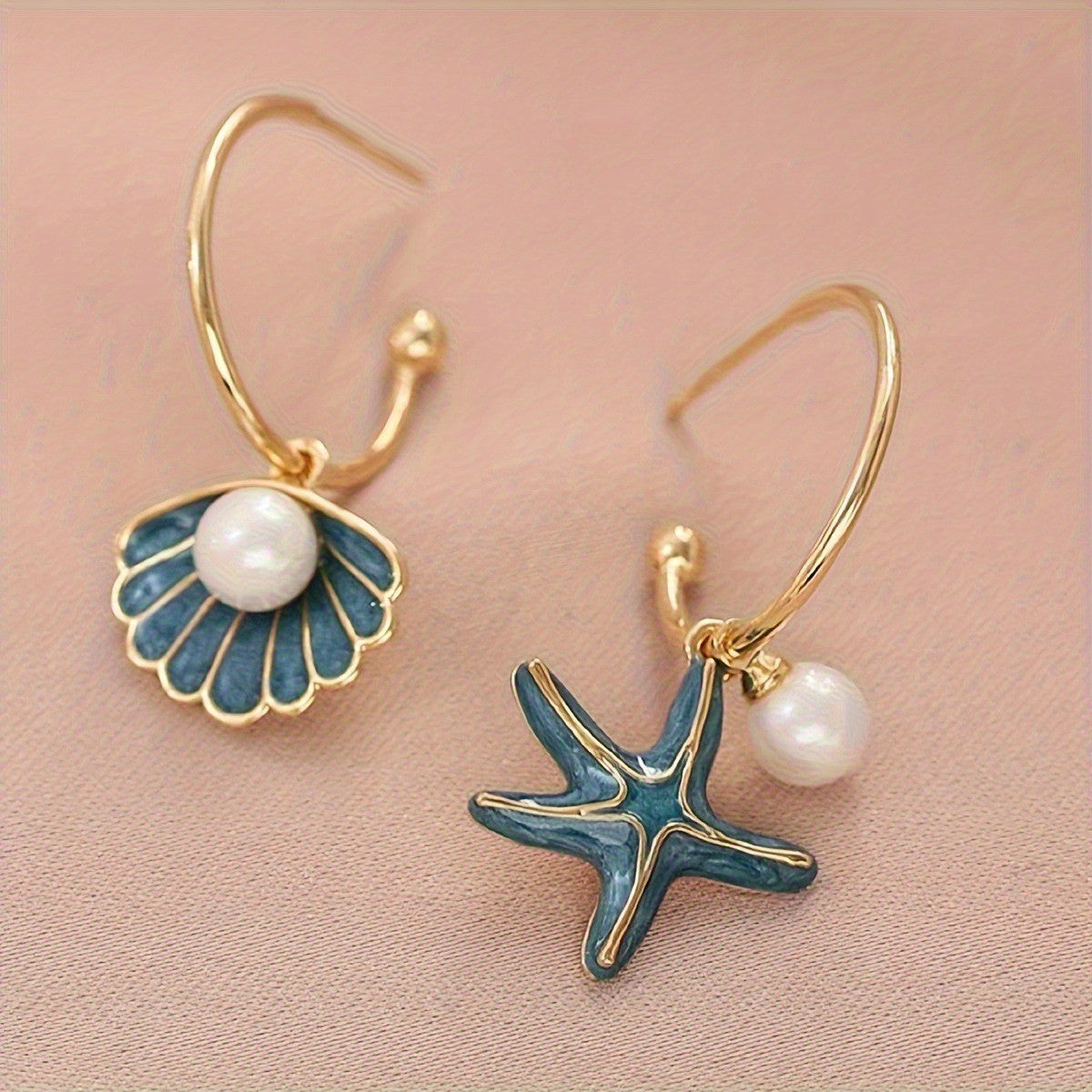 Romantic Blue Enamel Starfish & Shell Hoop Earrings