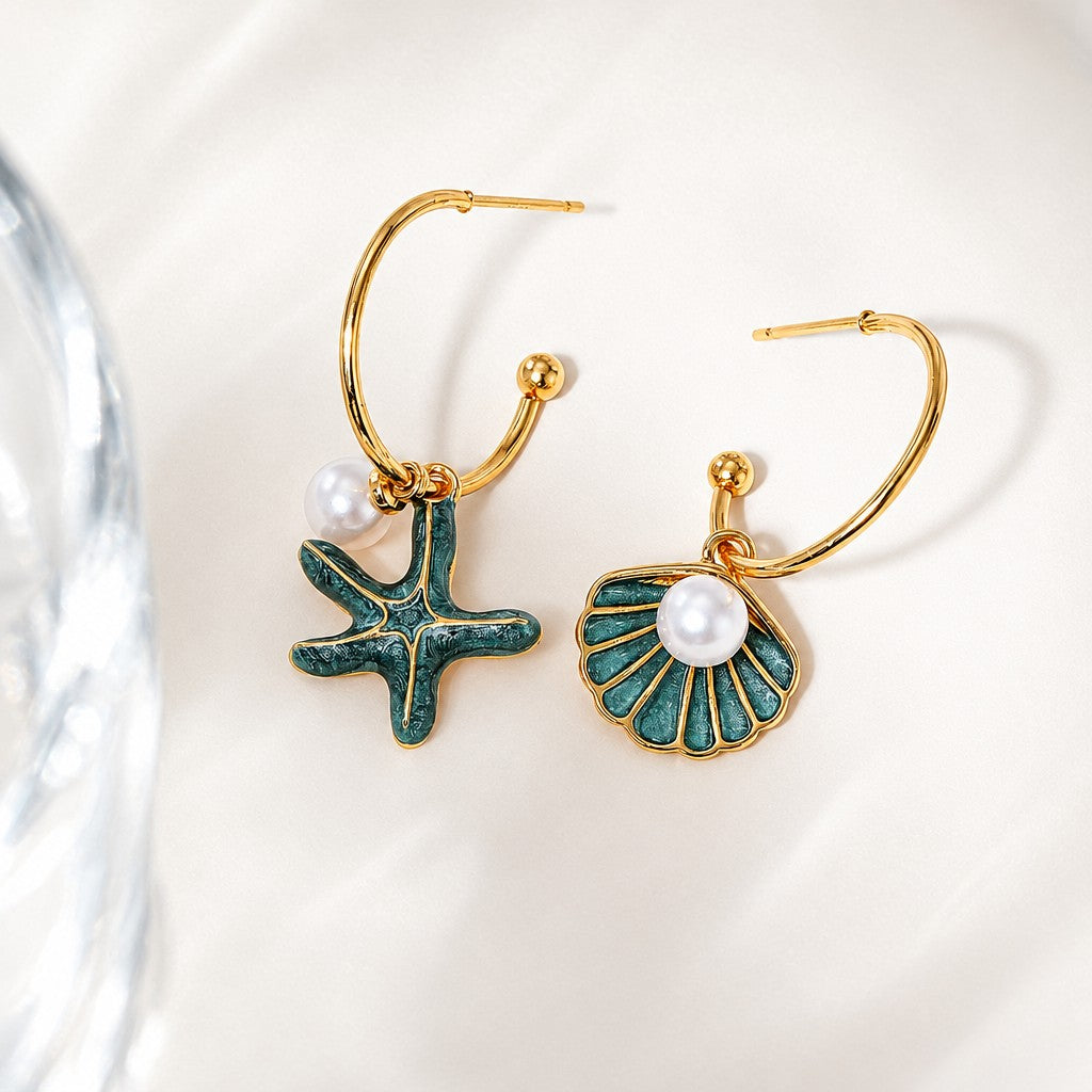 Romantic Blue Enamel Starfish & Shell Hoop Earrings
