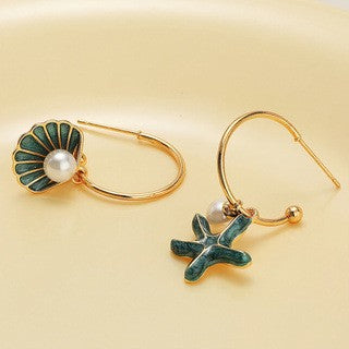 Romantic Blue Enamel Starfish & Shell Hoop Earrings
