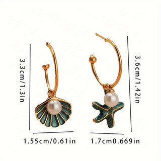 Romantic Blue Enamel Starfish & Shell Hoop Earrings