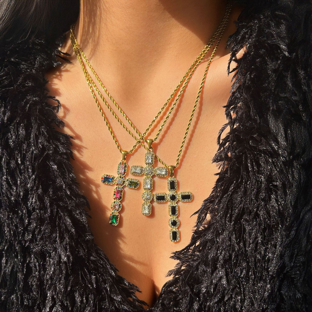 14k Dainty Multi-Color Cross Necklace