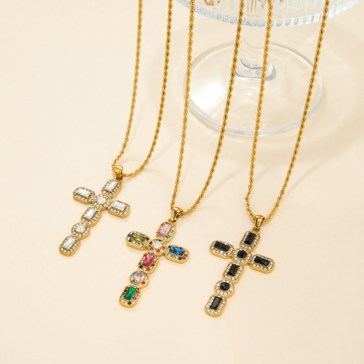 14k Dainty Multi-Color Cross Necklace
