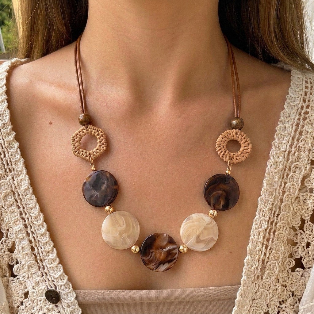 Boho Woven Ring Acrylic Disc Necklace