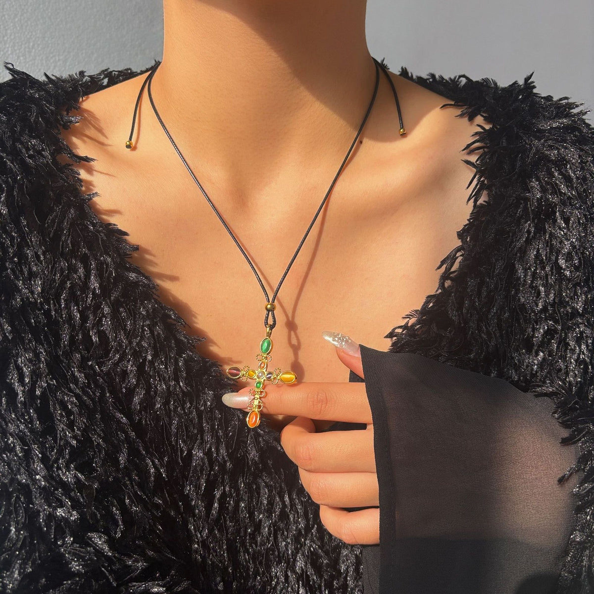 Classy Multi-Gem Cross Cord Necklace