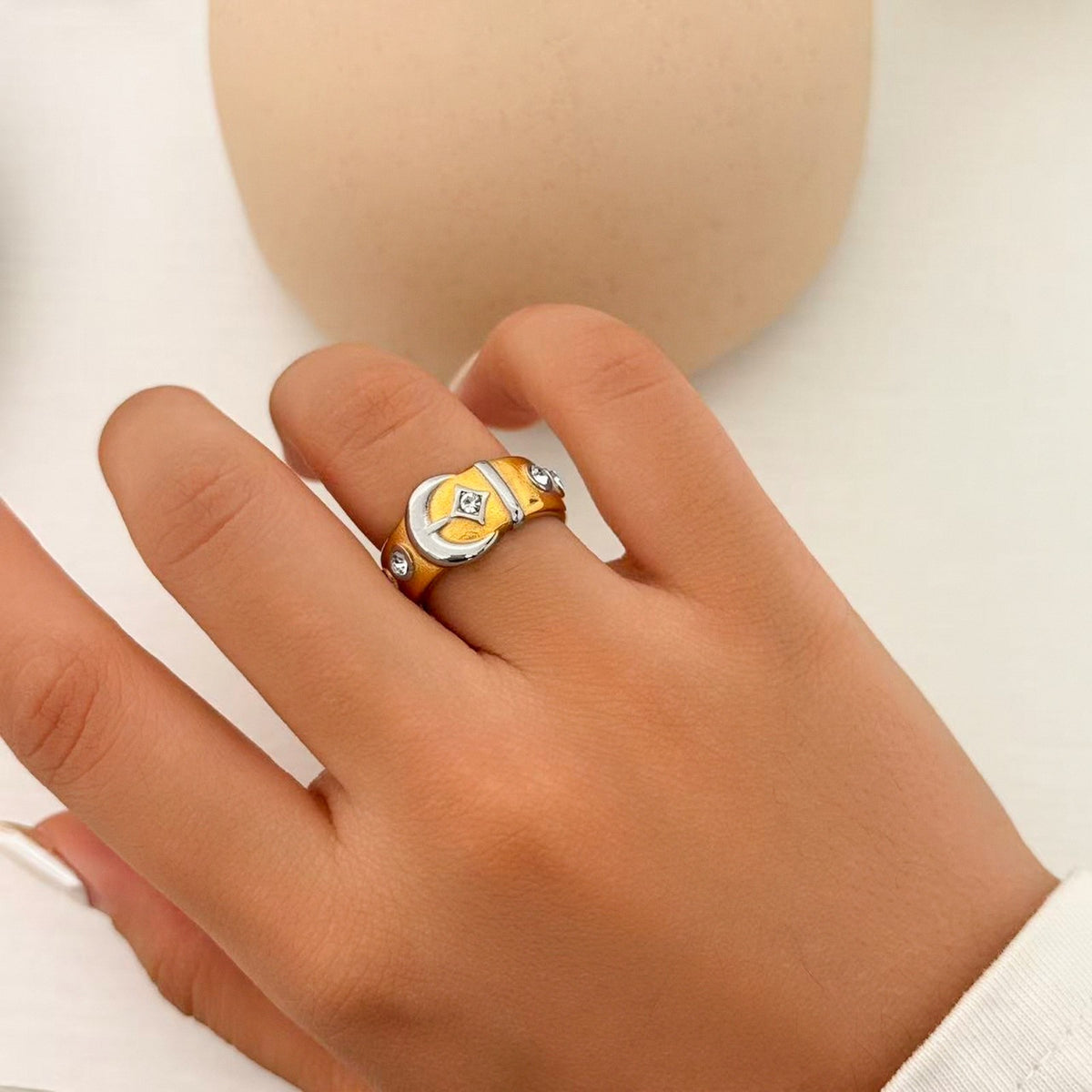 Classy Two Tone Crescent Moon Ring